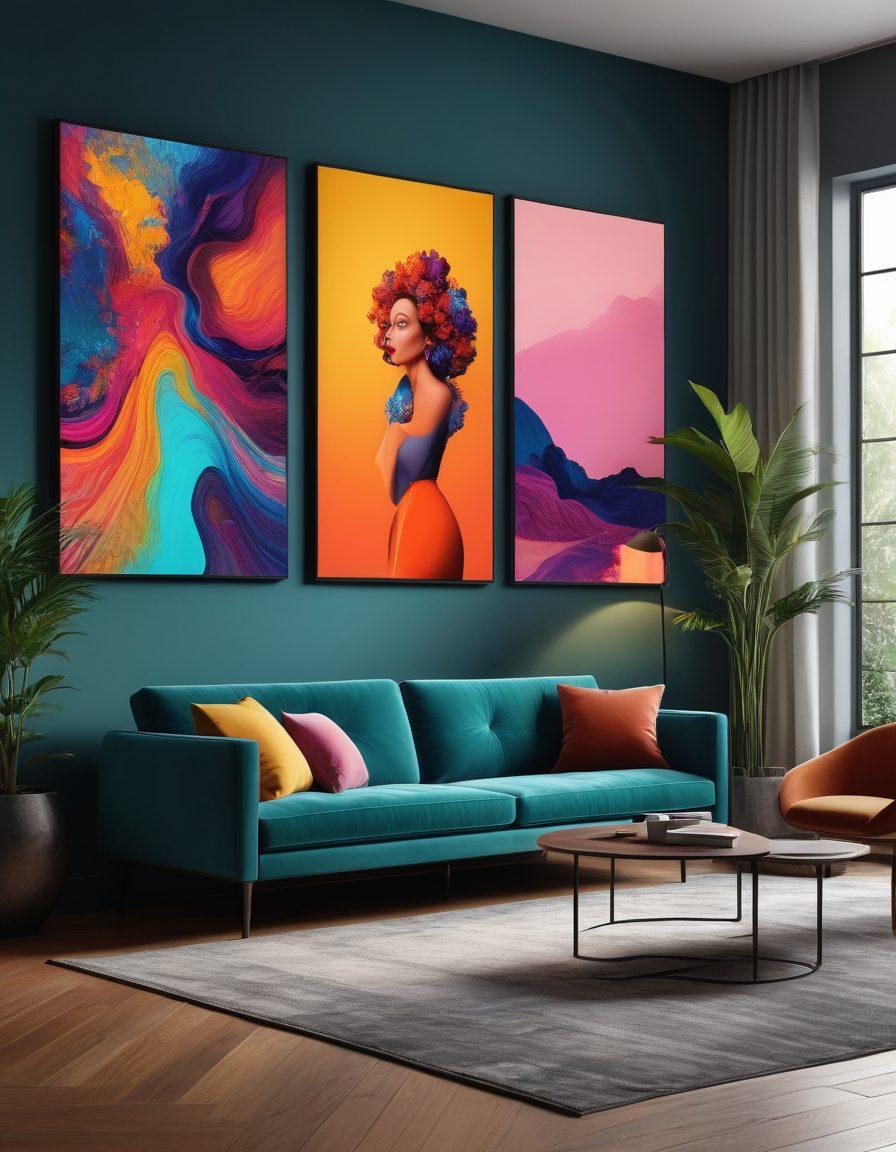 A sophisticated digital gallery displayed on sleek screens, showcasing vibrant artworks seamlessly arranged. Include a person thoughtfully curating the artworks, surrounded by brilliant colors and textures. The scene should convey inspiration and creativity, with an artistic ambiance and modern decor. Emphasize the transformation process and visual appeal. super-realistic. vibrant colors. contemporary design.