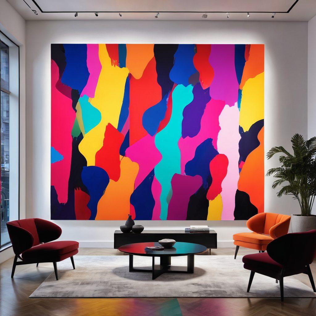 A vibrant digital gallery filled with diverse artworks, featuring a dramatic spotlight on a large central canvas of a breathtaking story told through colors and shapes. Viewers of various demographics admire the pieces, engaging and discussing the art. The background showcases a sleek, modern interior with bright lighting, embodying the essence of an online art exhibition. Include abstract elements that symbolize creativity and storytelling. contemporary art style. vibrant colors. high contrast.